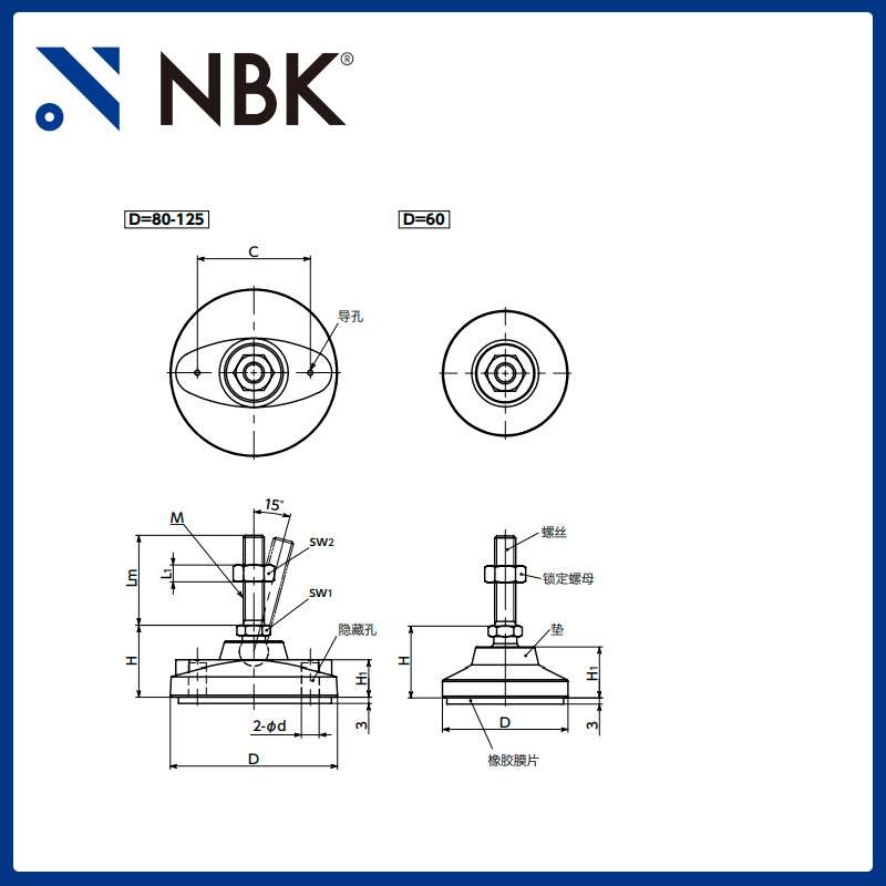 NBK FPM-G调平调节器重载型塑料钢制外螺纹塑料垫带橡胶膜片