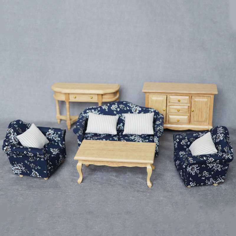 1:12娃娃屋dollhouse迷你家具客厅微场景实木模型沙发6件套装ob11