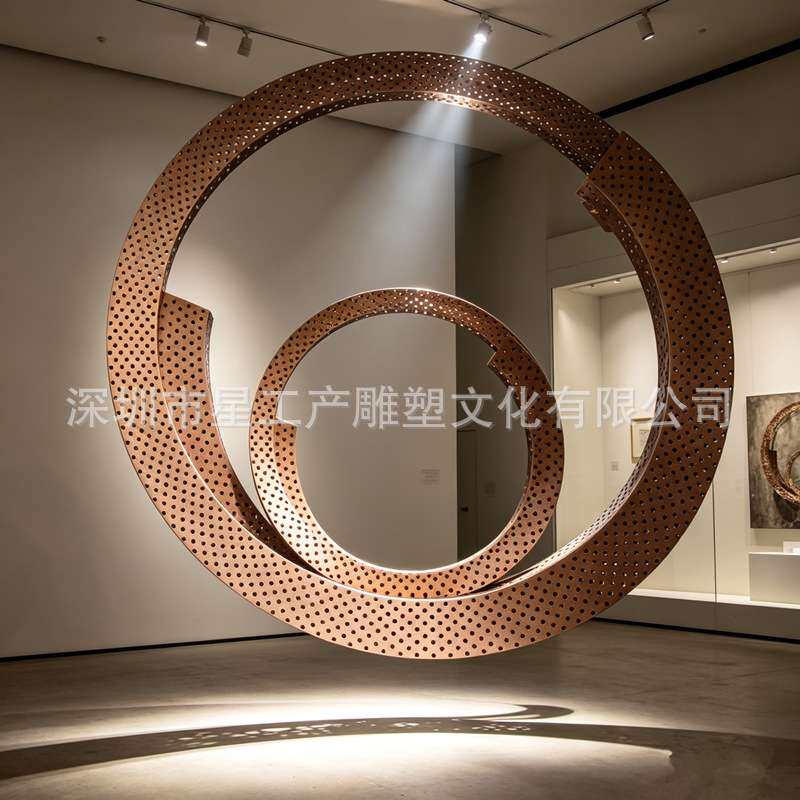 大型不锈钢镂空圆环雕塑古铜色金属环形装置酒店地产水景摆件