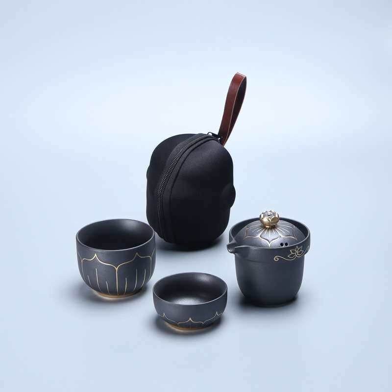 联纵 手绘粗陶描金莲花快客杯户外便携式旅行茶具套装