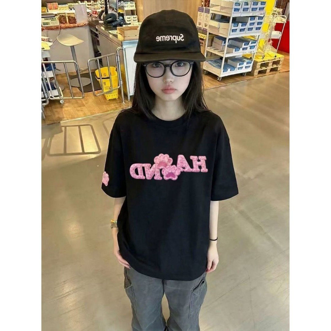 豹纹猫爪刺绣重磅美式t恤