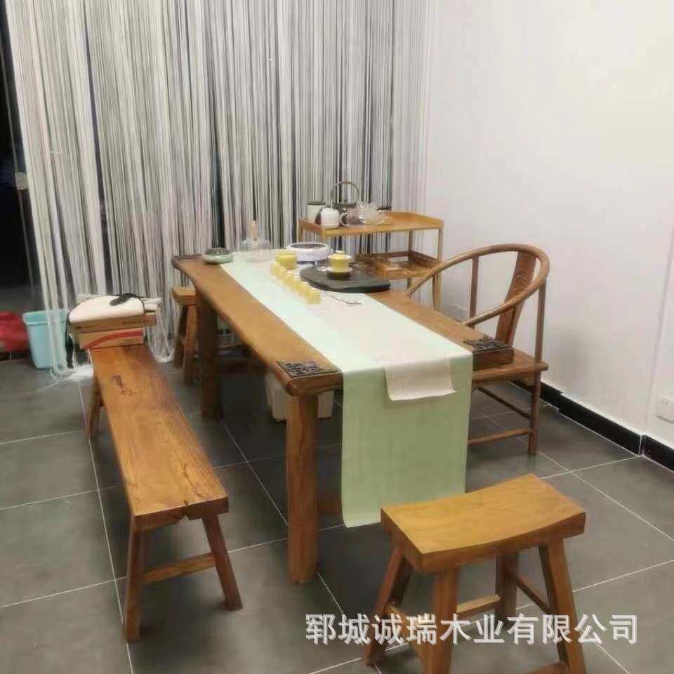 北方老门板茶台办公室老榆木桌椅组合茶台家用长方形待客泡茶桌