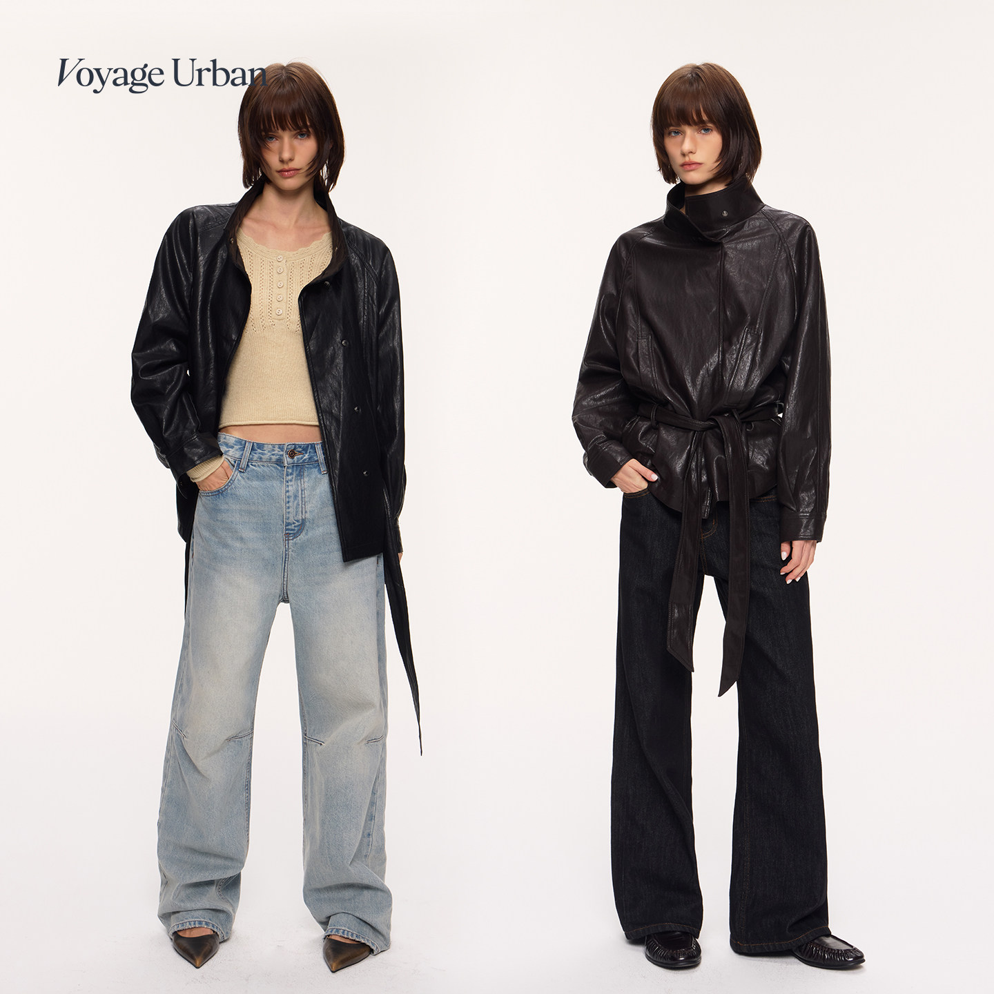 Voyage Urban屿行 立领系带PU皮衣轻亚工装机能风中长款秋冬外套