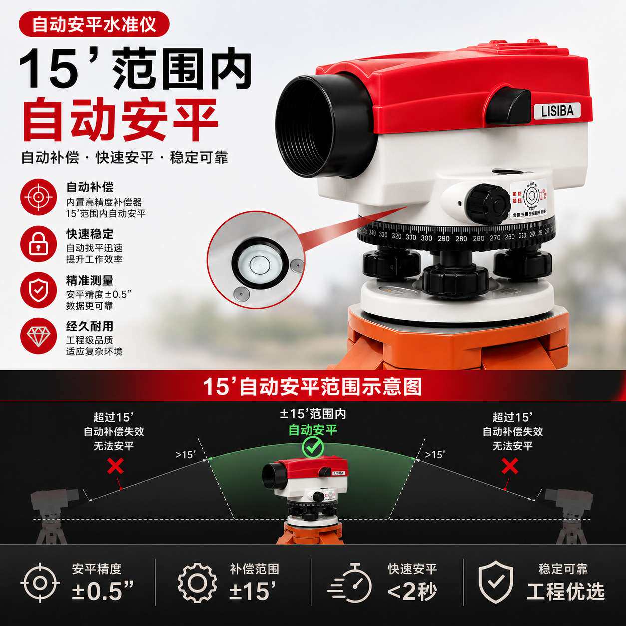 LISIBA力士霸水准仪DS-W32/36工程测量32倍光学自动安平室外测绘