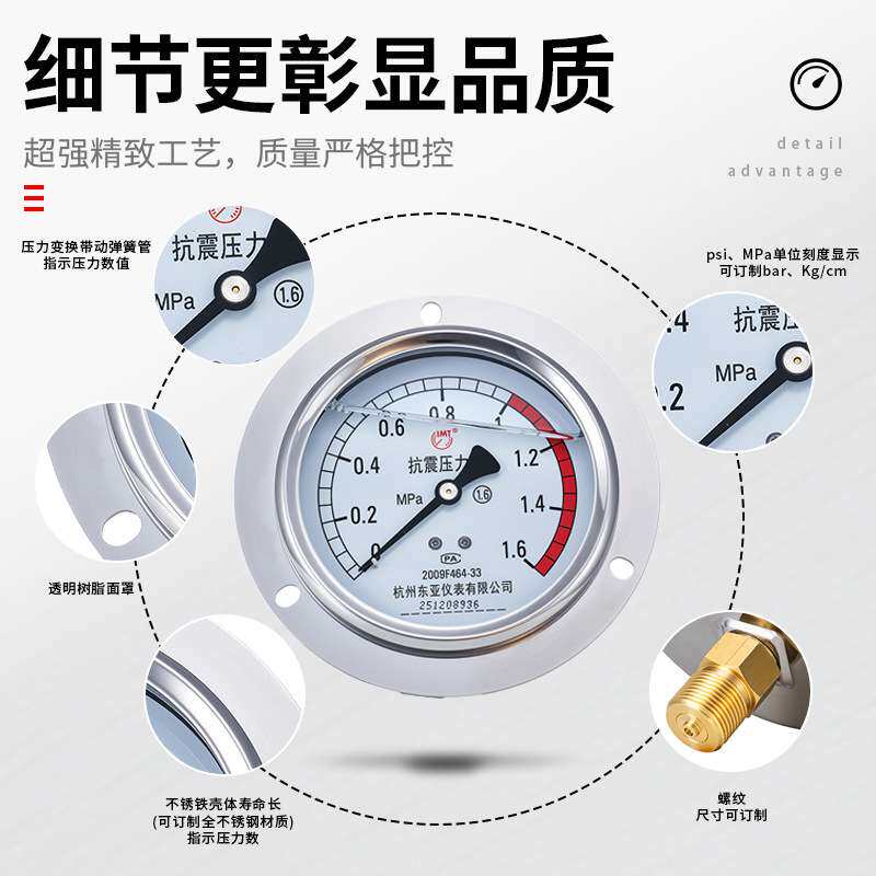 东亚仪表YN100ZT耐震压力表1.6级轴向带边压力表不锈钢耐震压力表