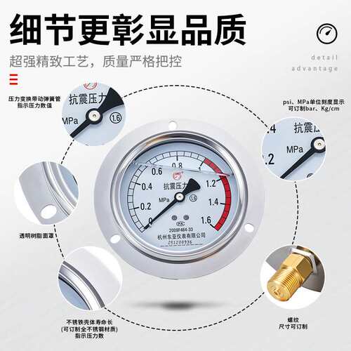东亚仪表YN100ZT耐震压力表1.6级轴向带边压力表不锈钢耐震压力表