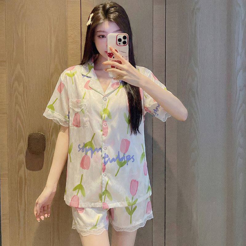 【清新百合花】冰丝开衫睡衣女新款夏季短袖套装高级感夏天家居服