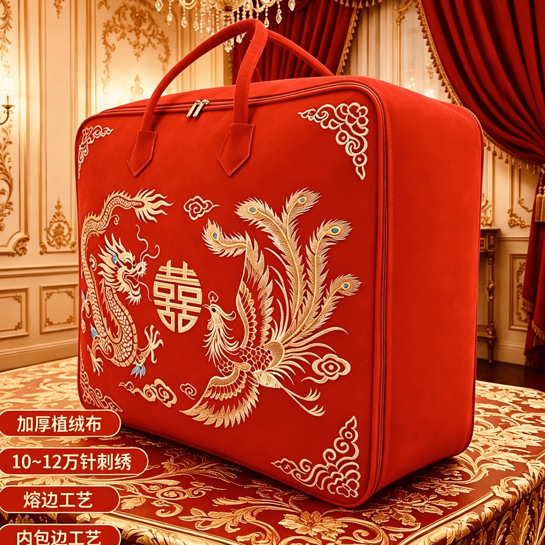 结婚被子收纳婚庆嫁妆收纳袋龙凤刺绣植绒布