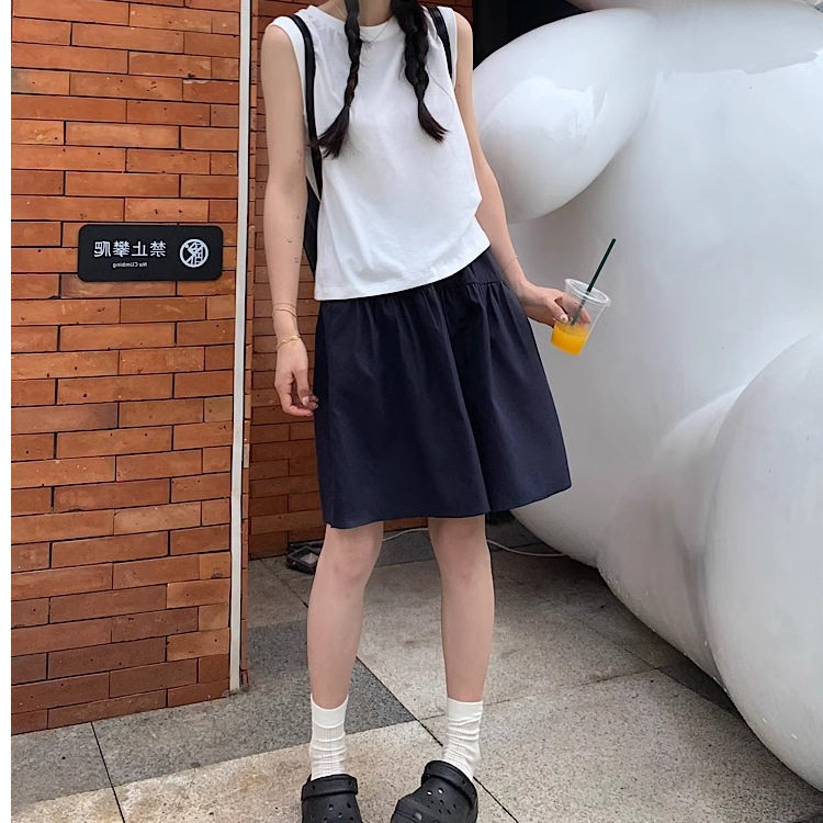 日系学院风藏青高腰显瘦百褶裙