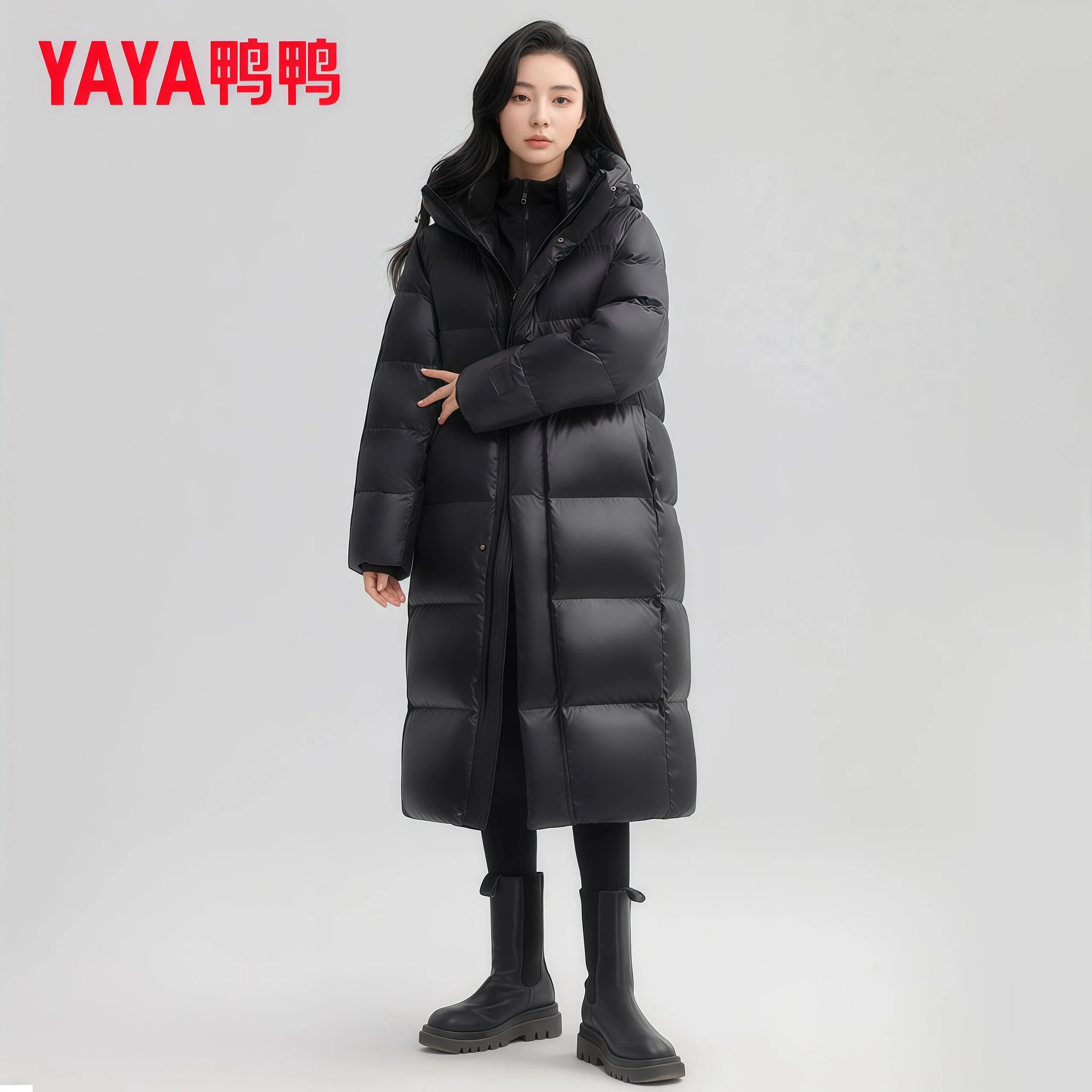 鸭鸭集团旗舰店黑色羽绒服女冬季长款2024新款连帽加厚面包服外套