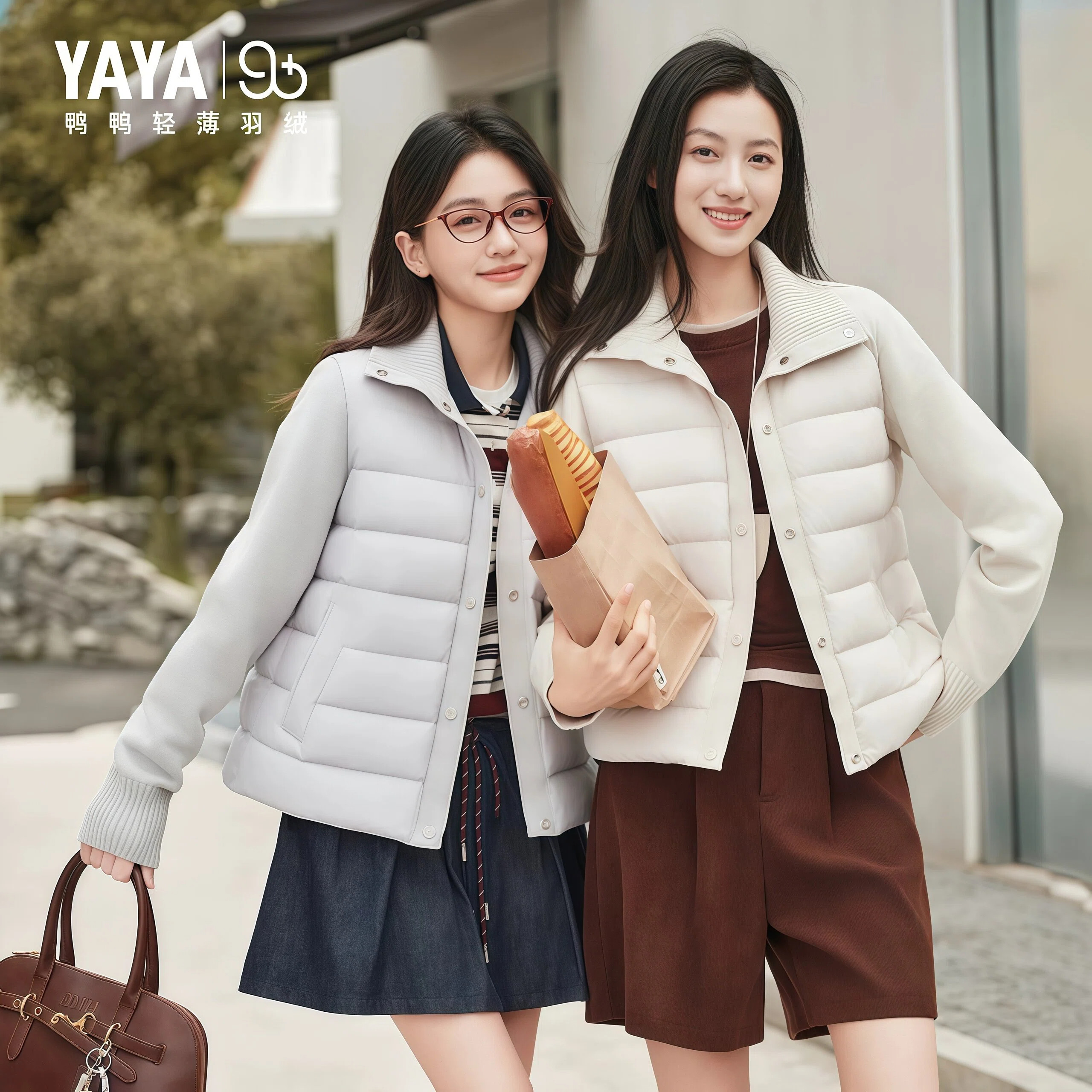 【90+系列】鸭鸭轻薄短款羽绒服女宽松立领女针织袖设计休闲外套