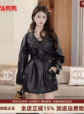 鸭鸭中长款皮衣羽绒服女2025新款时尚百搭气质小个子外套送皮包包