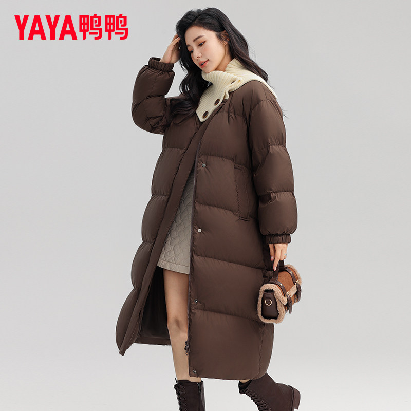 鸭鸭集团旗舰店羽绒服女冬长款2025新款官方过膝针织翻领加厚外套