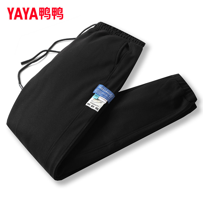 鸭鸭集团旗舰店休闲风宽松男款卫裤黑色保暖抽绳日常运动长裤收口