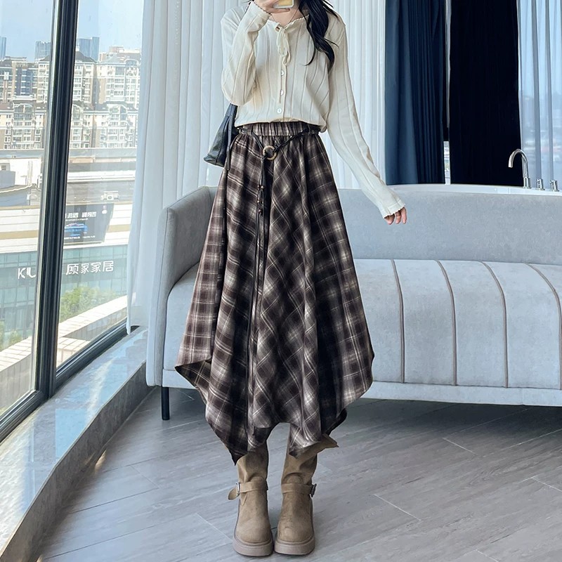 美拉德咖色复古格纹裙女别致不规则中长款显瘦高腰百搭半身裙