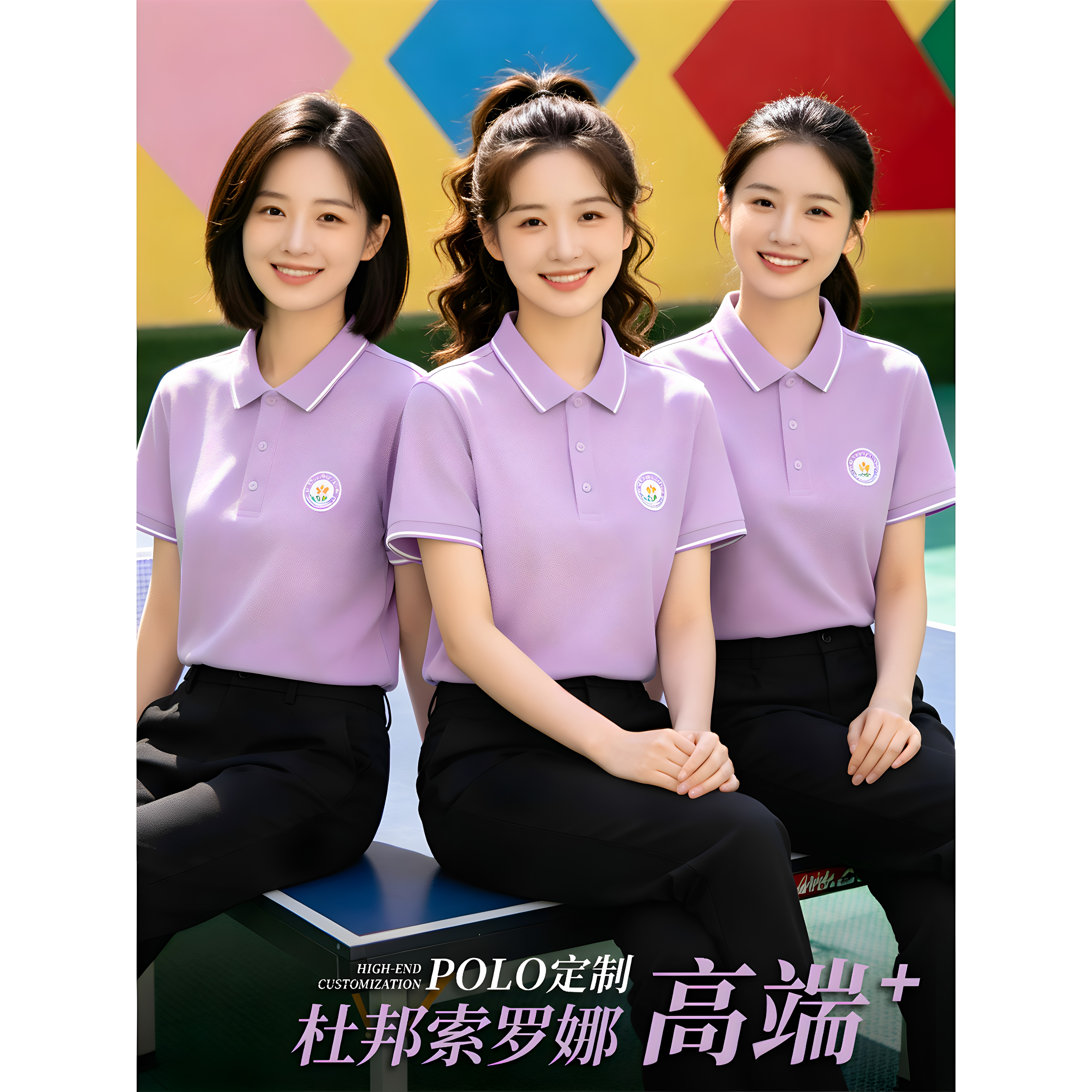 紫色短袖POLO衫定制印LOGO班服