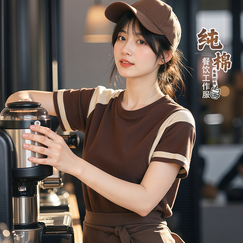 洋派餐饮制服T恤定制夏季咖啡烧烤饭店服务员纯棉圆领工装短袖