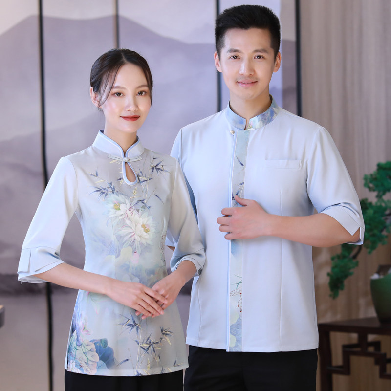 高档中式服务员工作服女茶楼酒楼酒店会所中国风餐饮中袖夏定制男