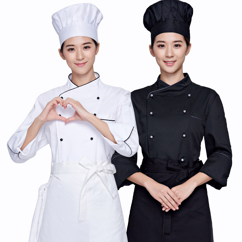 厨师工作服女长袖秋冬季装棉幼儿园食堂酒店后厨房纯白色防水工衣