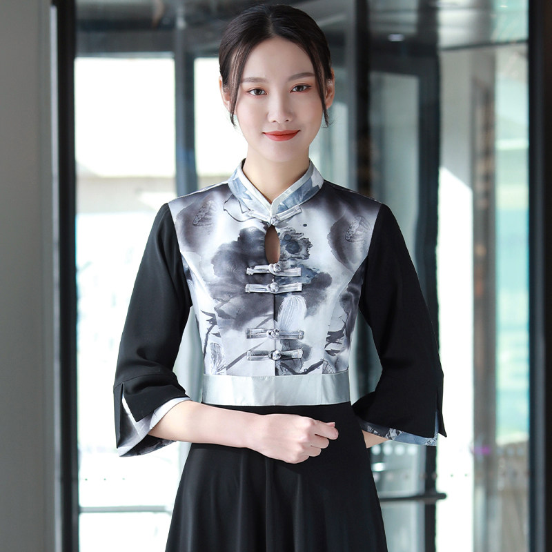 酒店服务员工作服中袖高档饭店星级餐厅中式国风定制logo刺绣字女