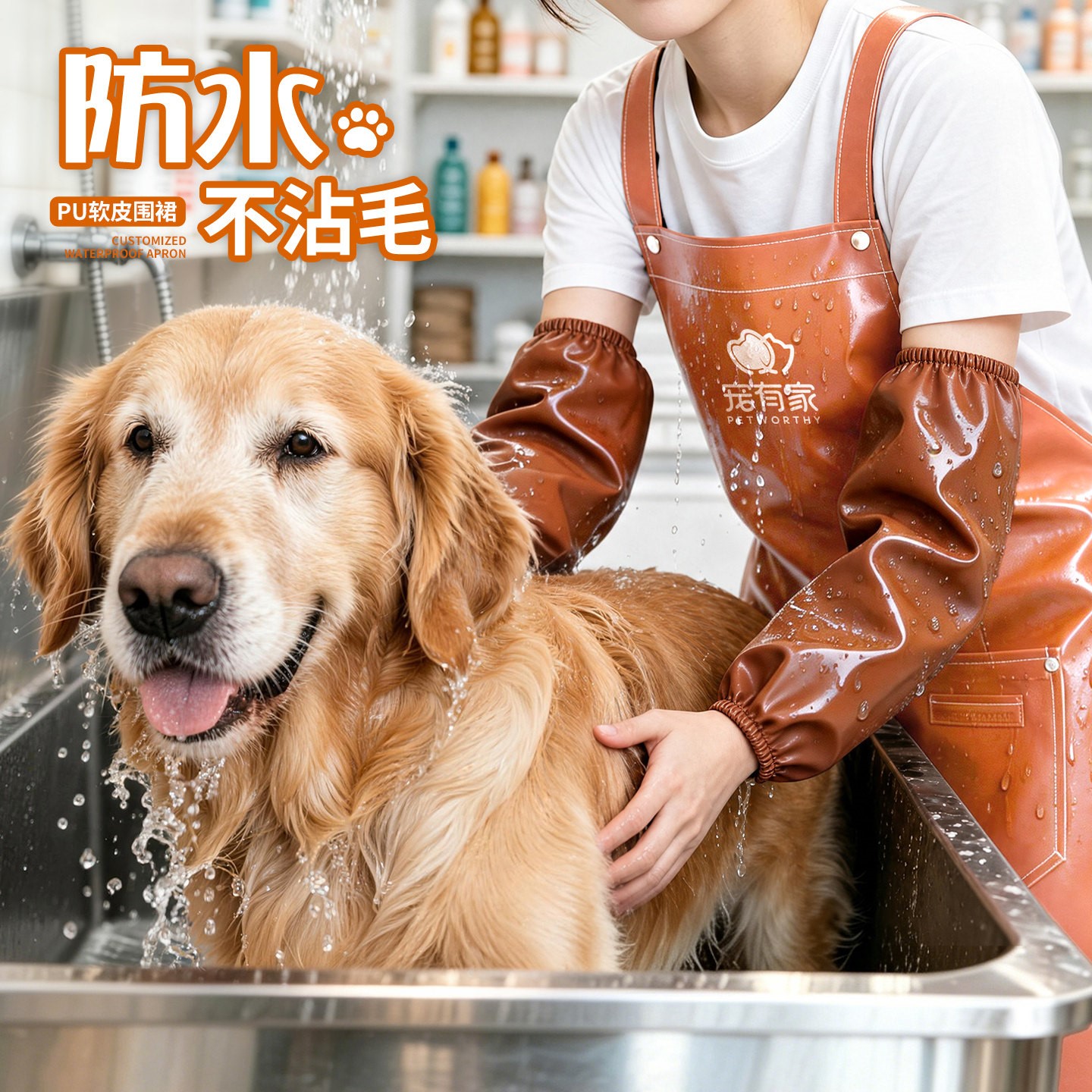 宠物店PU围裙工作服定制印logo防水不沾毛宠物洗澡美容师专用围腰