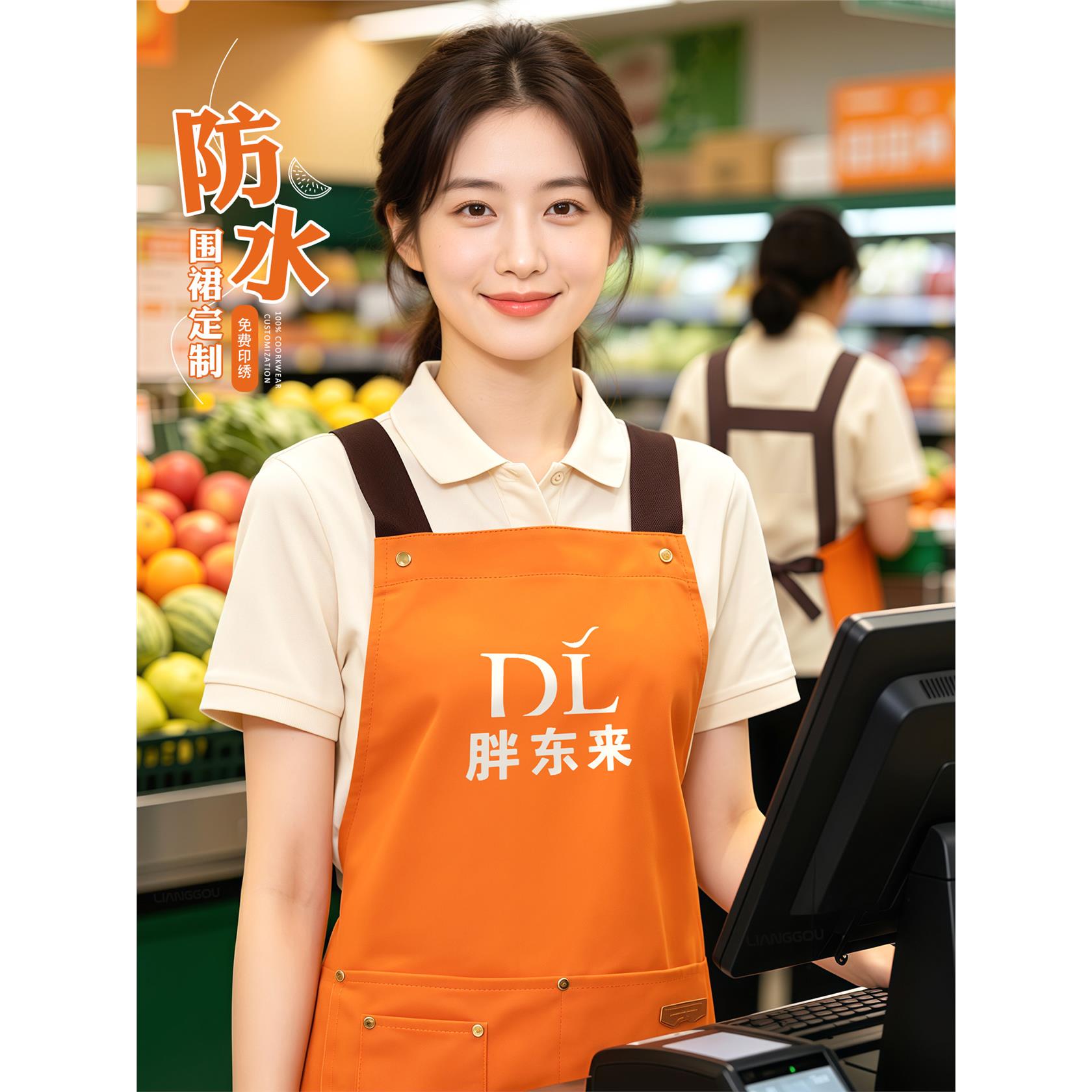餐饮专用围裙定制logo印字超市水果便利店员工作服防水防油围腰女