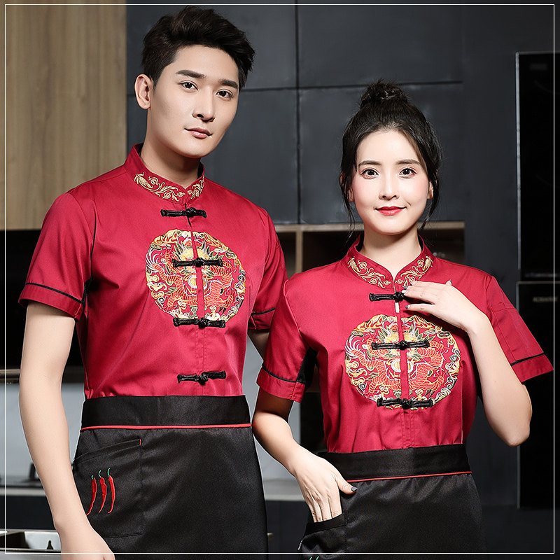 中国风厨师服短袖夏季酒店餐饮厨房衣服男女中式茶楼服装定制