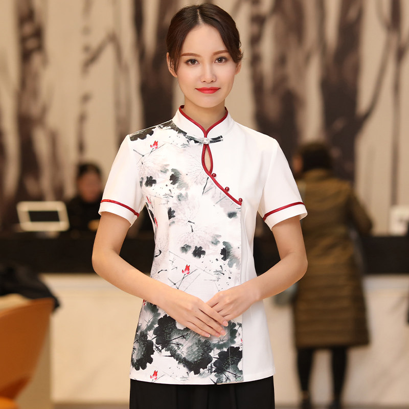 水墨画中国风服务员工作服短袖夏季女餐饮高档酒店中餐厅复古夏装