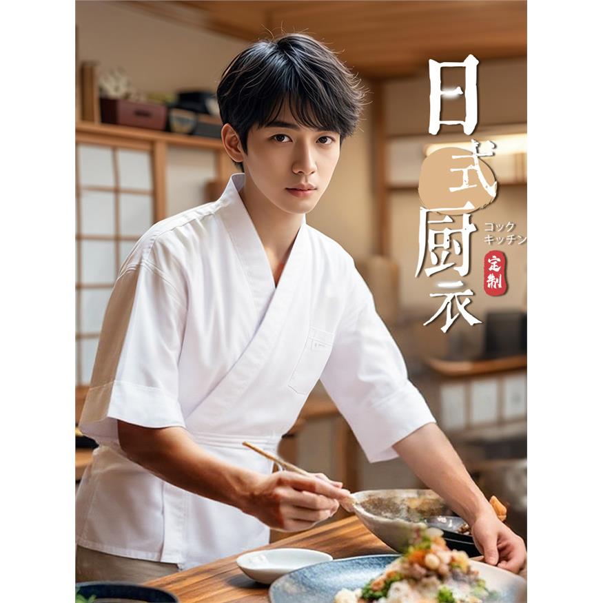 日式厨师工作服短袖夏季刺身寿司料理店和服厨房衣服白色套装定制