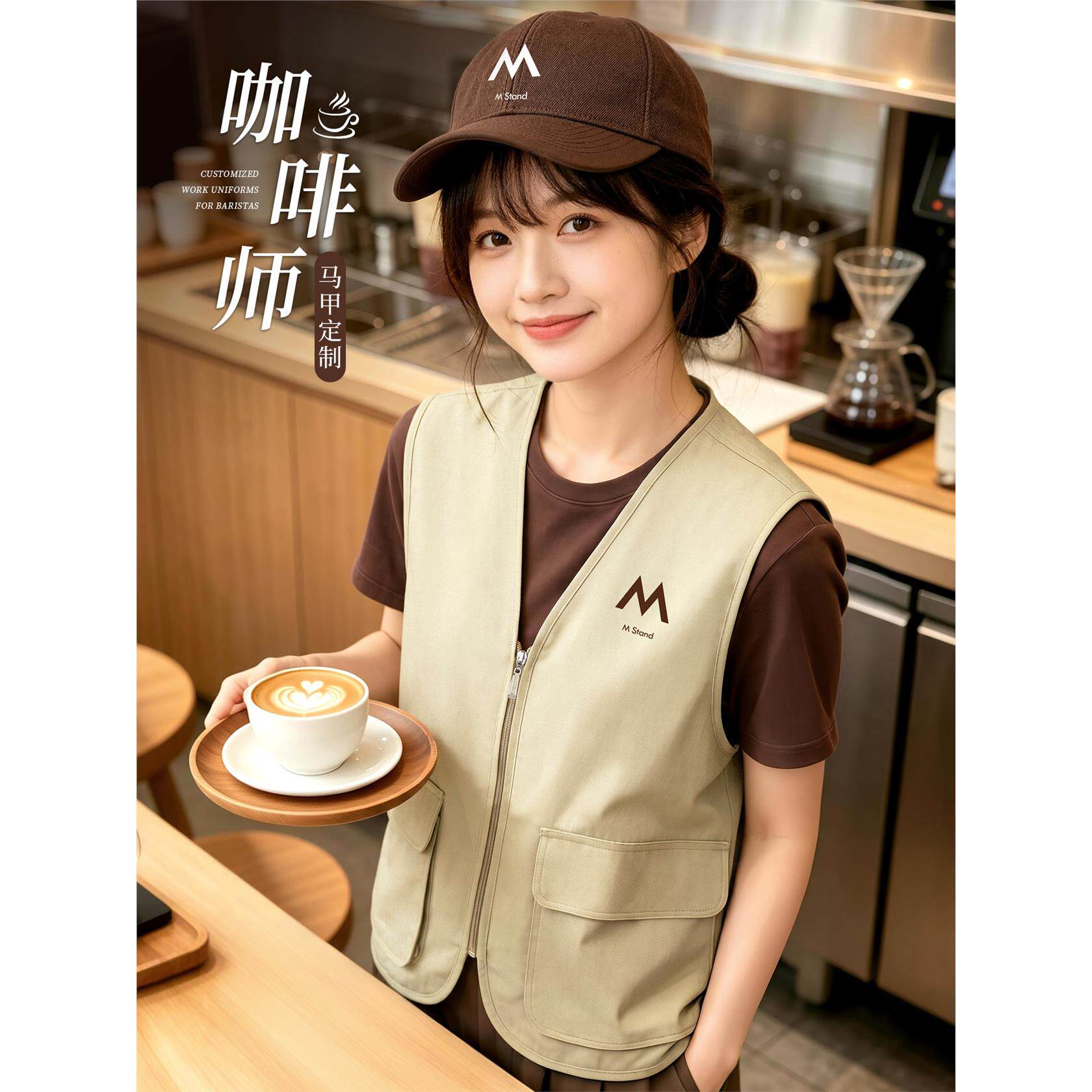 咖啡师马甲工作服定制印logo餐饮奶茶火锅店服务员大口袋工装背心