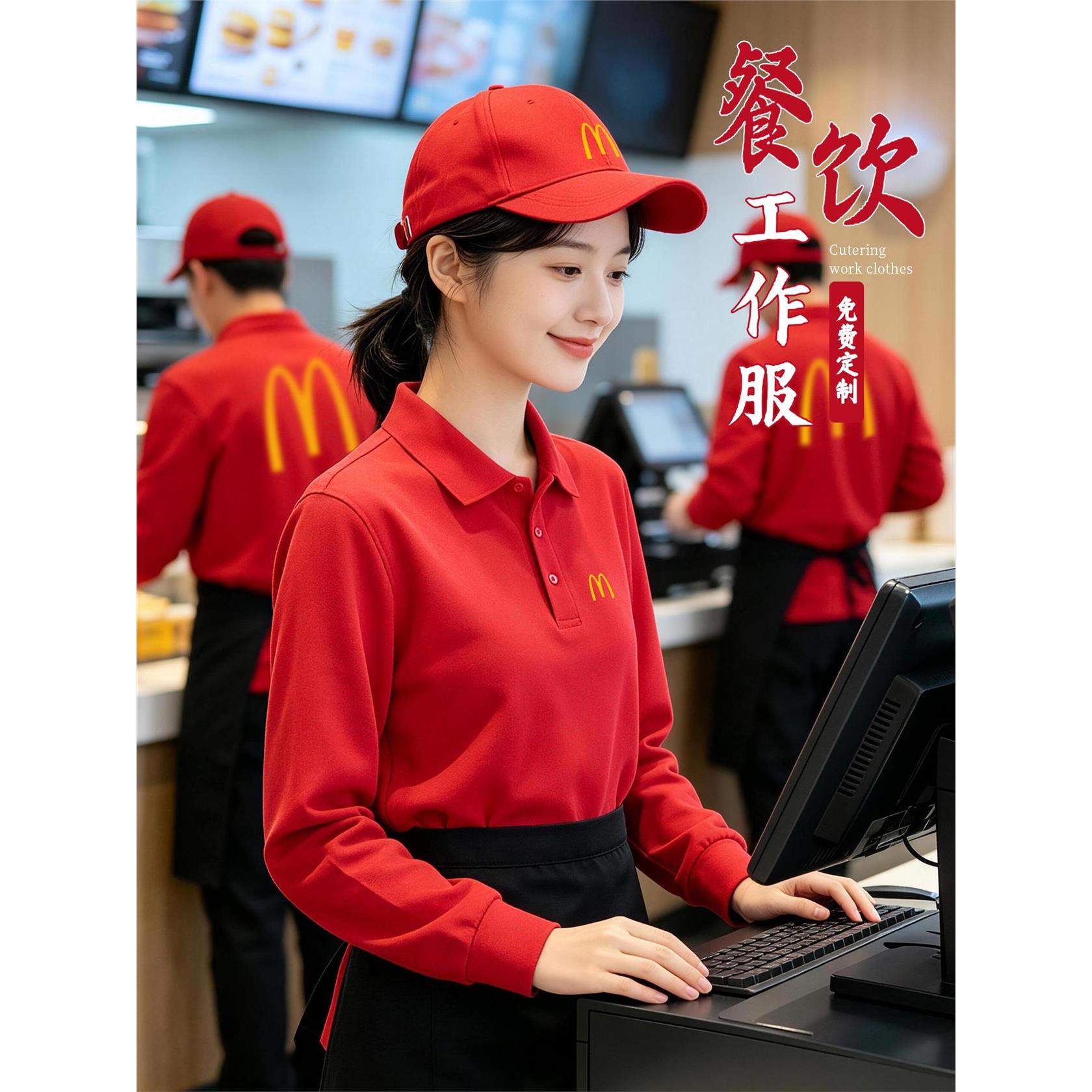 餐饮工作服长袖POLO衫定制印logo奶茶快餐饭店服务员秋冬工装T恤