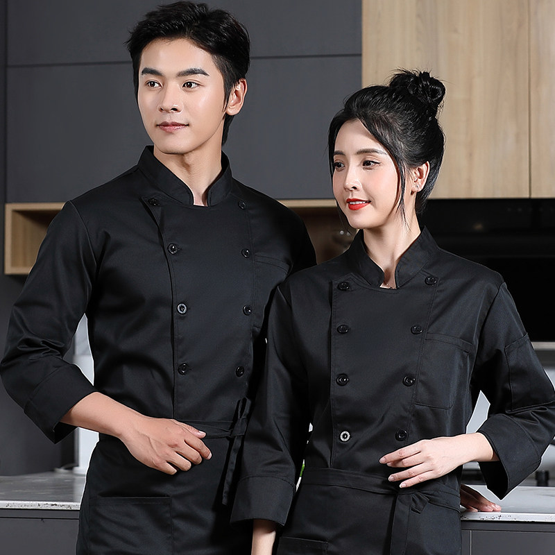 纯黑白色厨师服装男饭店餐饮厨房工作服长袖秋冬烘焙蛋糕店女工衣