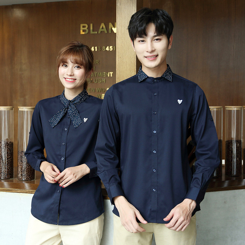 咖啡厅服务员工作服衬衣烘焙奶茶店长袖秋冬男女套装定制logo刺绣