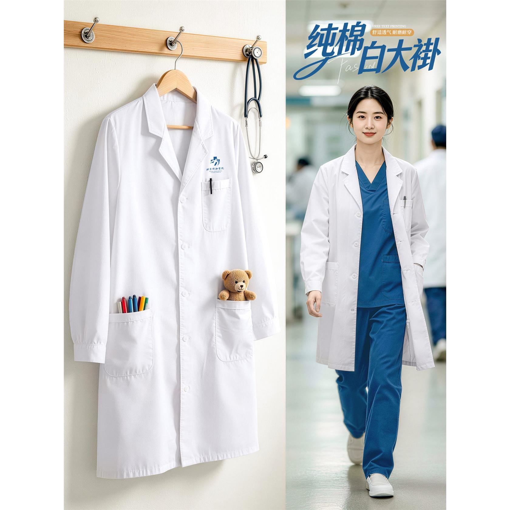 纯棉白大褂工作服定制印绣logo医生护士实验室专用长袖工装大褂女