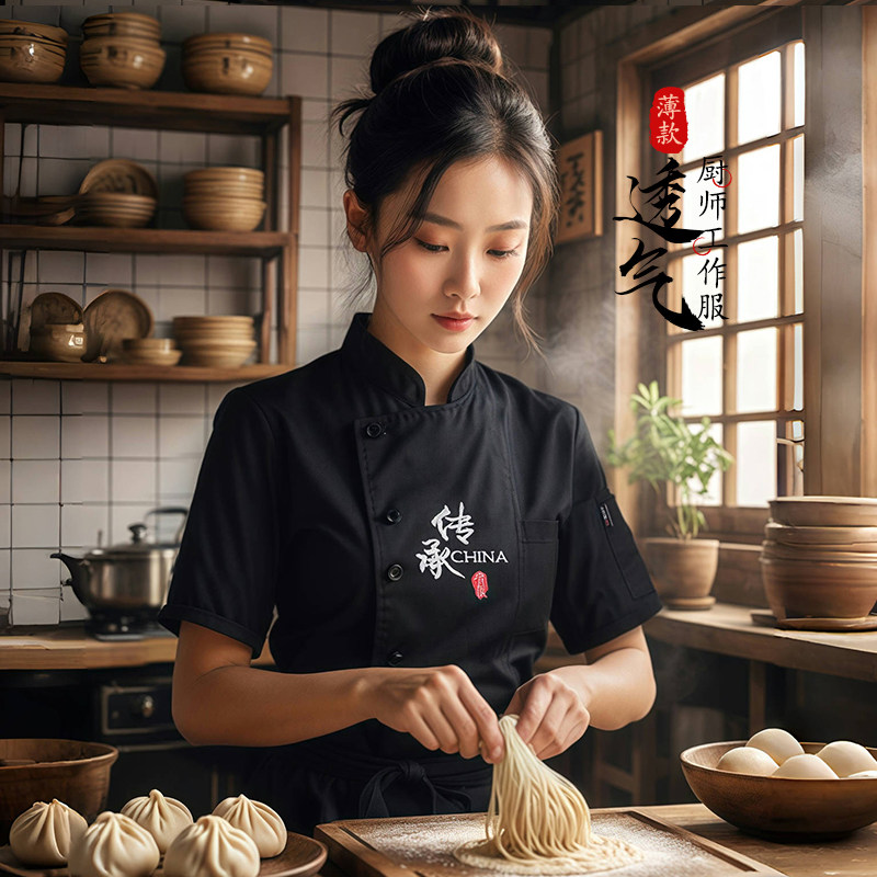 新式厨师工作服夏季短袖薄款透气餐饮酒店食堂厨房工衣定制黑色女