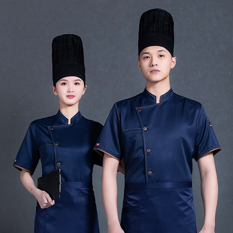 蓝色厨师服男女短袖夏季薄款时尚饭厅饭店餐饮后厨房服装定制