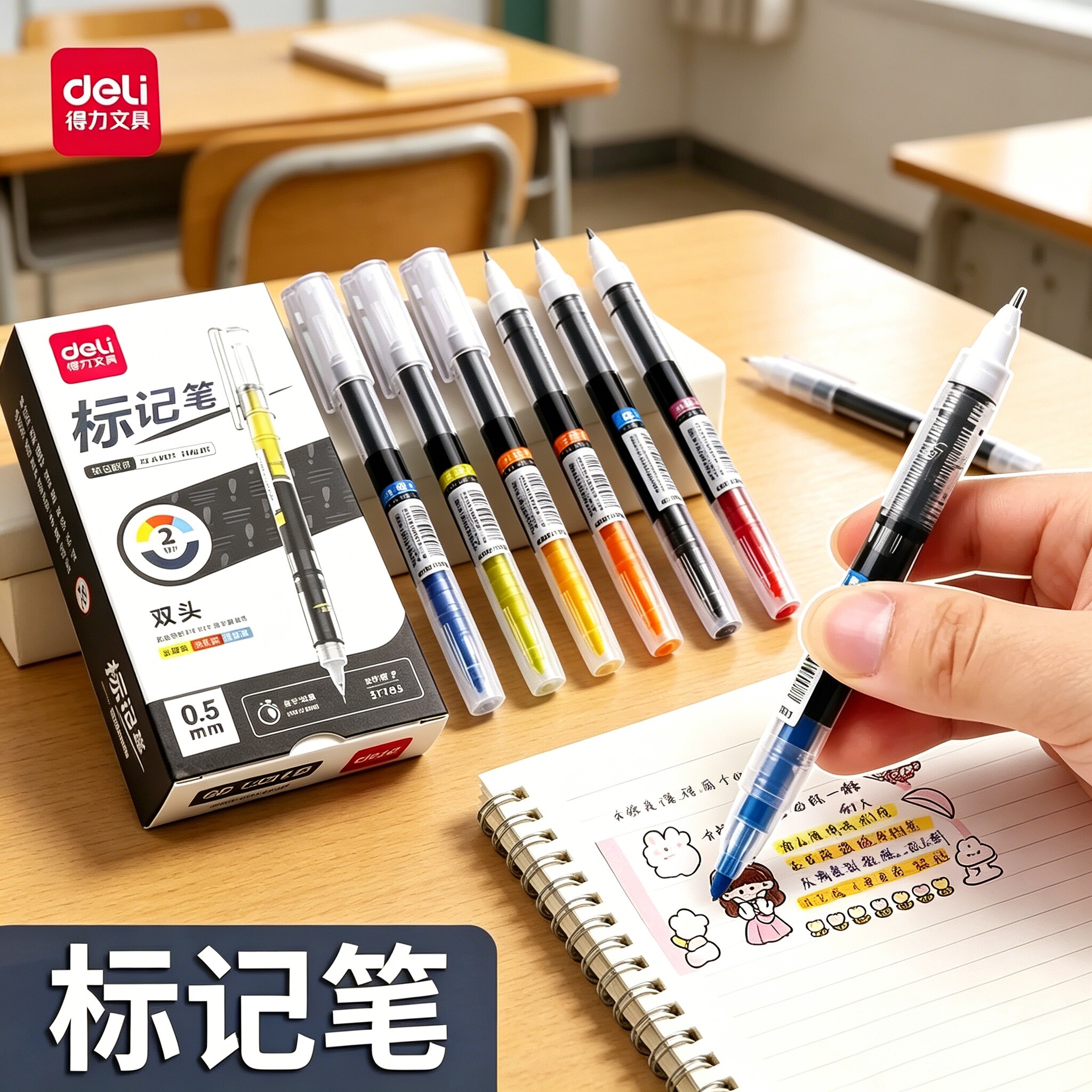 得力双头记号笔直液式两用荧光笔学生用手帐笔彩色书写全针管标记笔粗划重点做笔记手抄报用笔背书复习中性笔