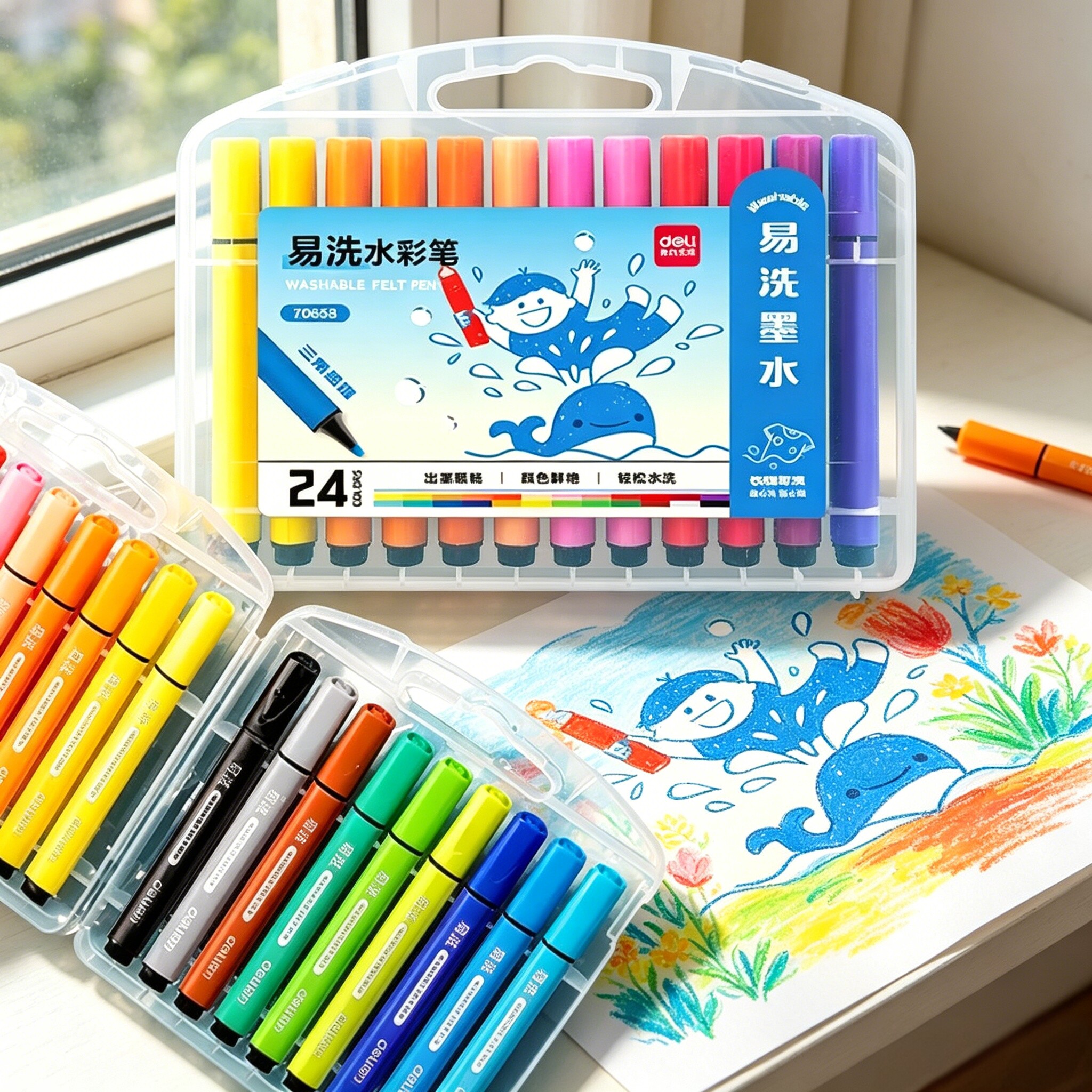 得力24色三角杆水彩笔套装小学生儿童宝宝幼儿园用画画涂鸦绘画手绘笔水彩画笔大容量彩色笔绘画笔套装