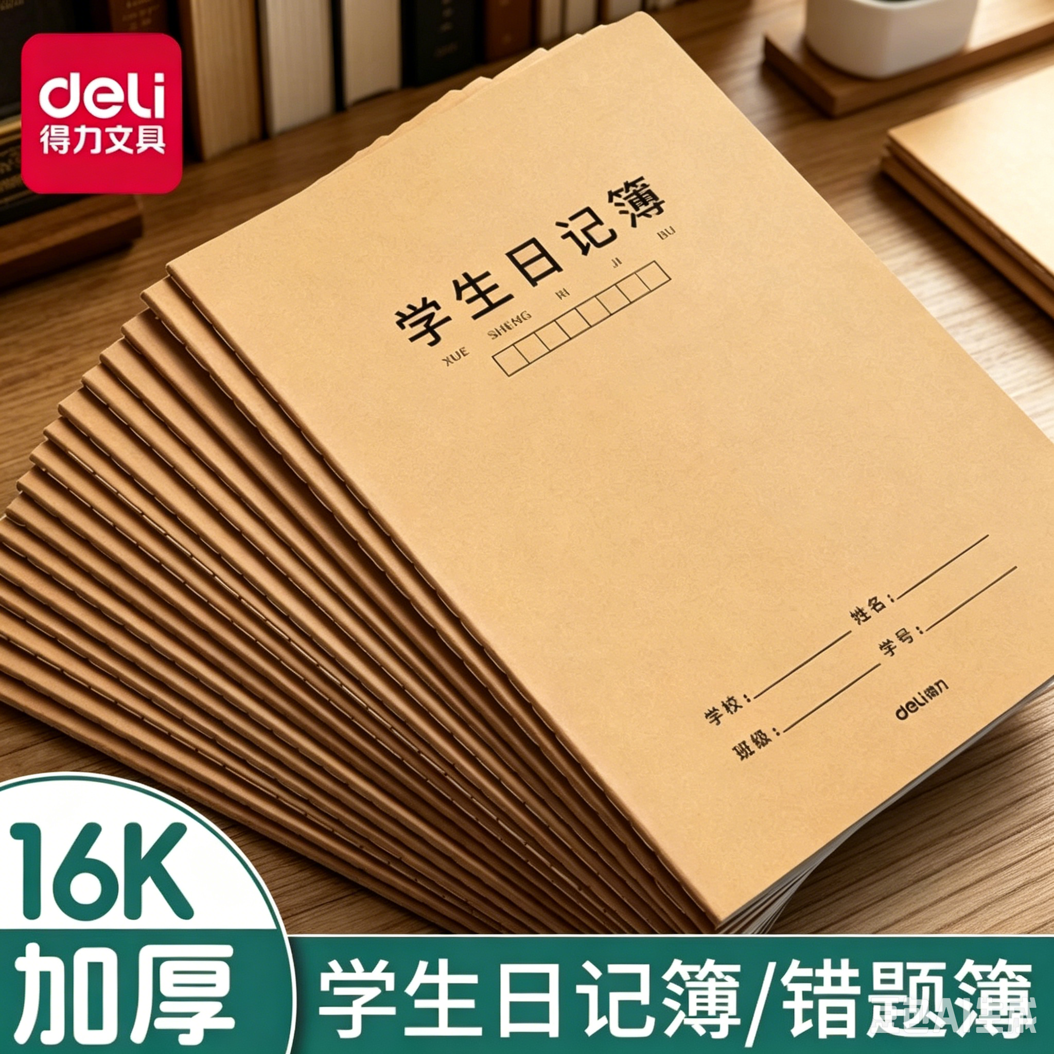 得力学生日记16K牛皮纸错题本小方格日记本簿B5一二三四五六年级大号初高中小学生周记本格子本语文作业格式