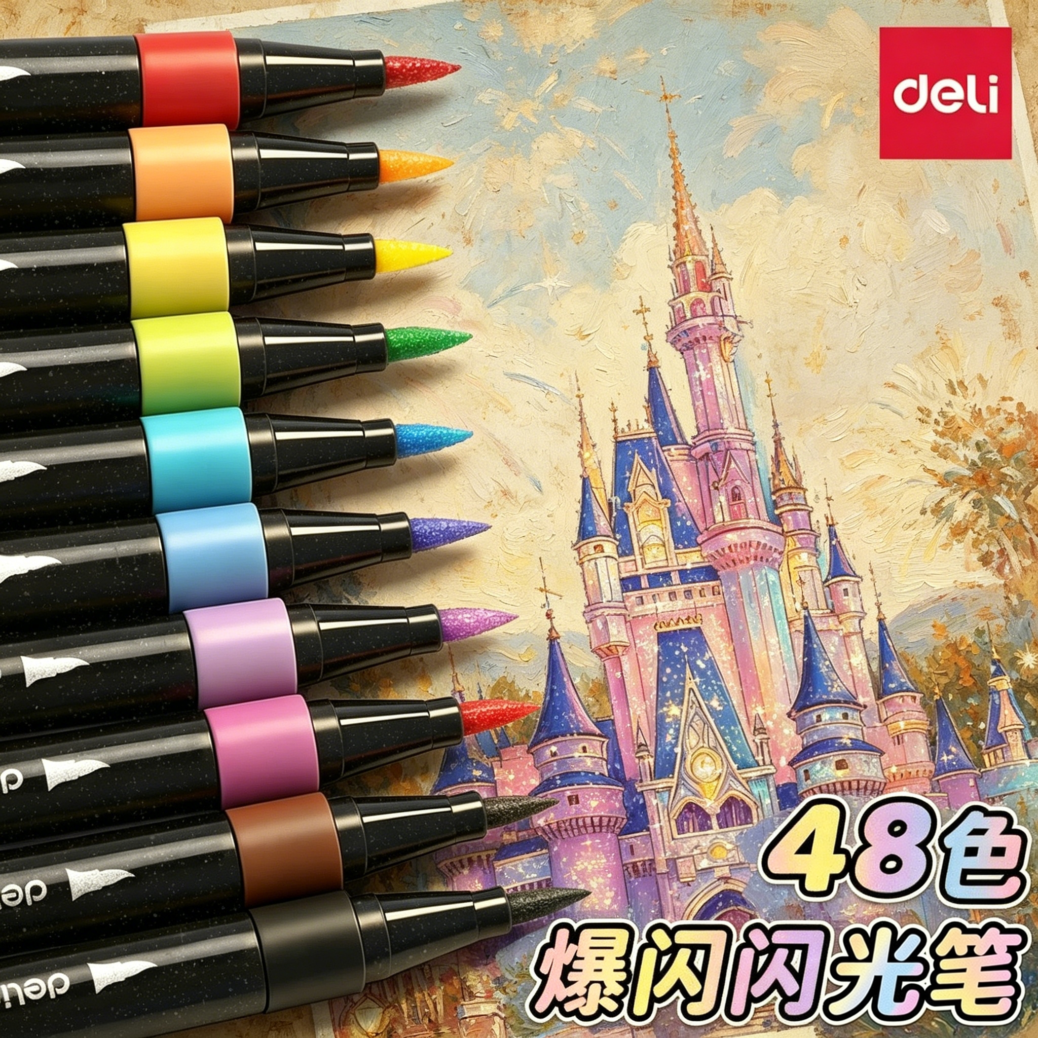 得力爆闪马克笔闪光荧光笔软头彩色笔小学生美术专用画画笔直液式丙烯笔48色24水彩笔儿童可水洗无毒2026新款