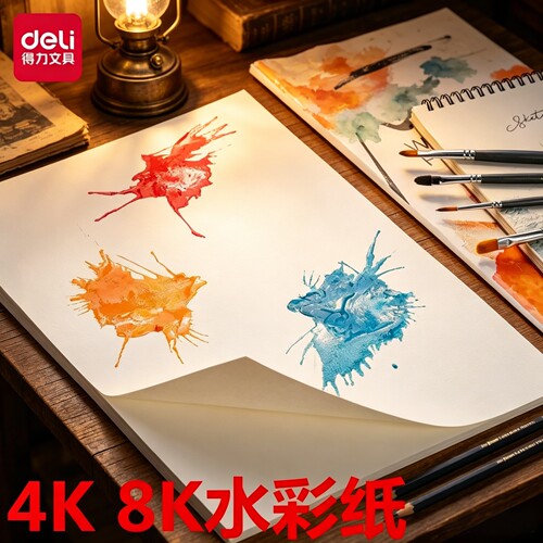 得力8K水彩纸速写纸学生用素描纸4K水粉纸手绘230g画纸画布文具4k8k16k速写儿童用马克笔绘画画纸不渗墨