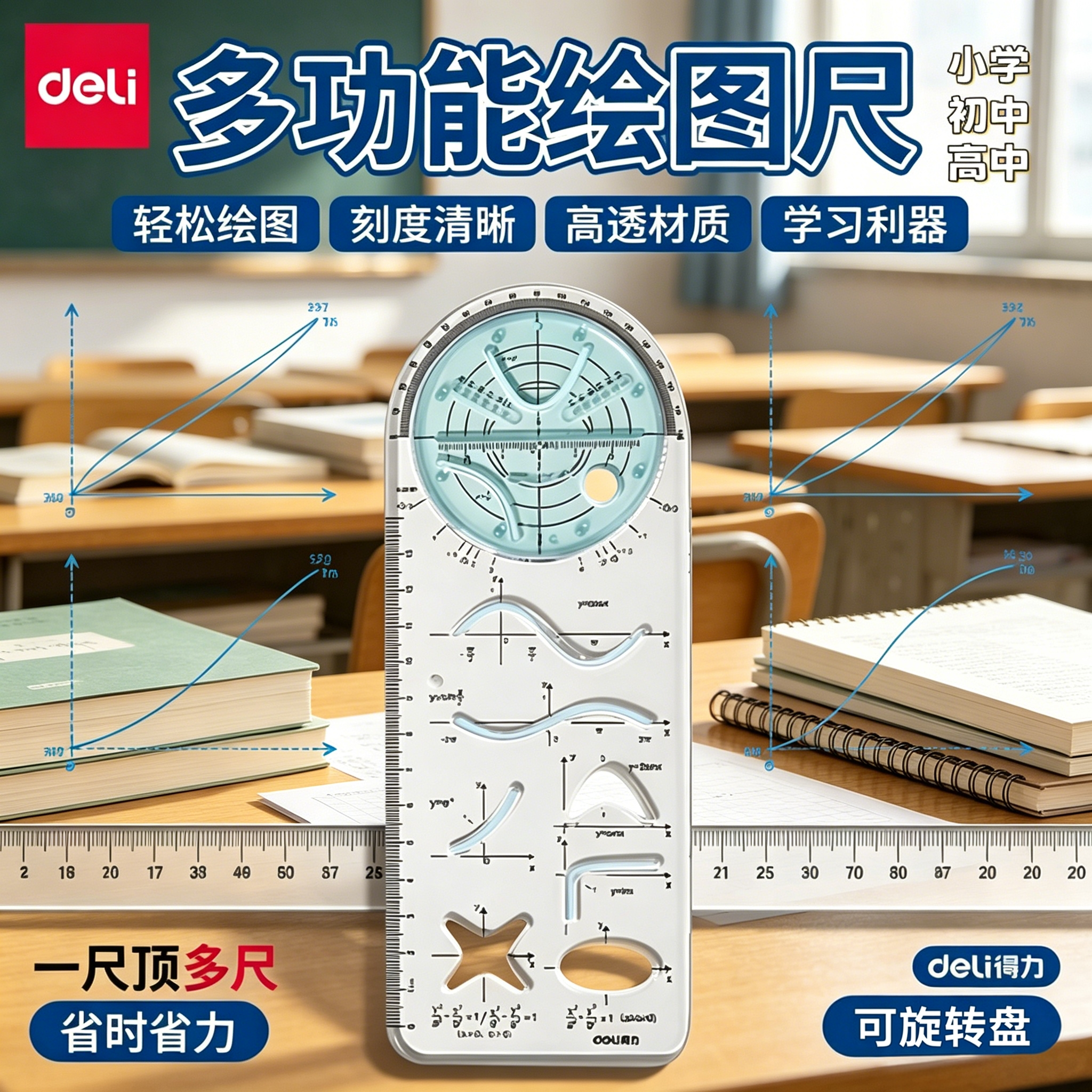 得力多功能尺子几何绘图尺函数图形初中生小学生用活动角手抄报模板画图直尺三角尺可旋转量角器文具