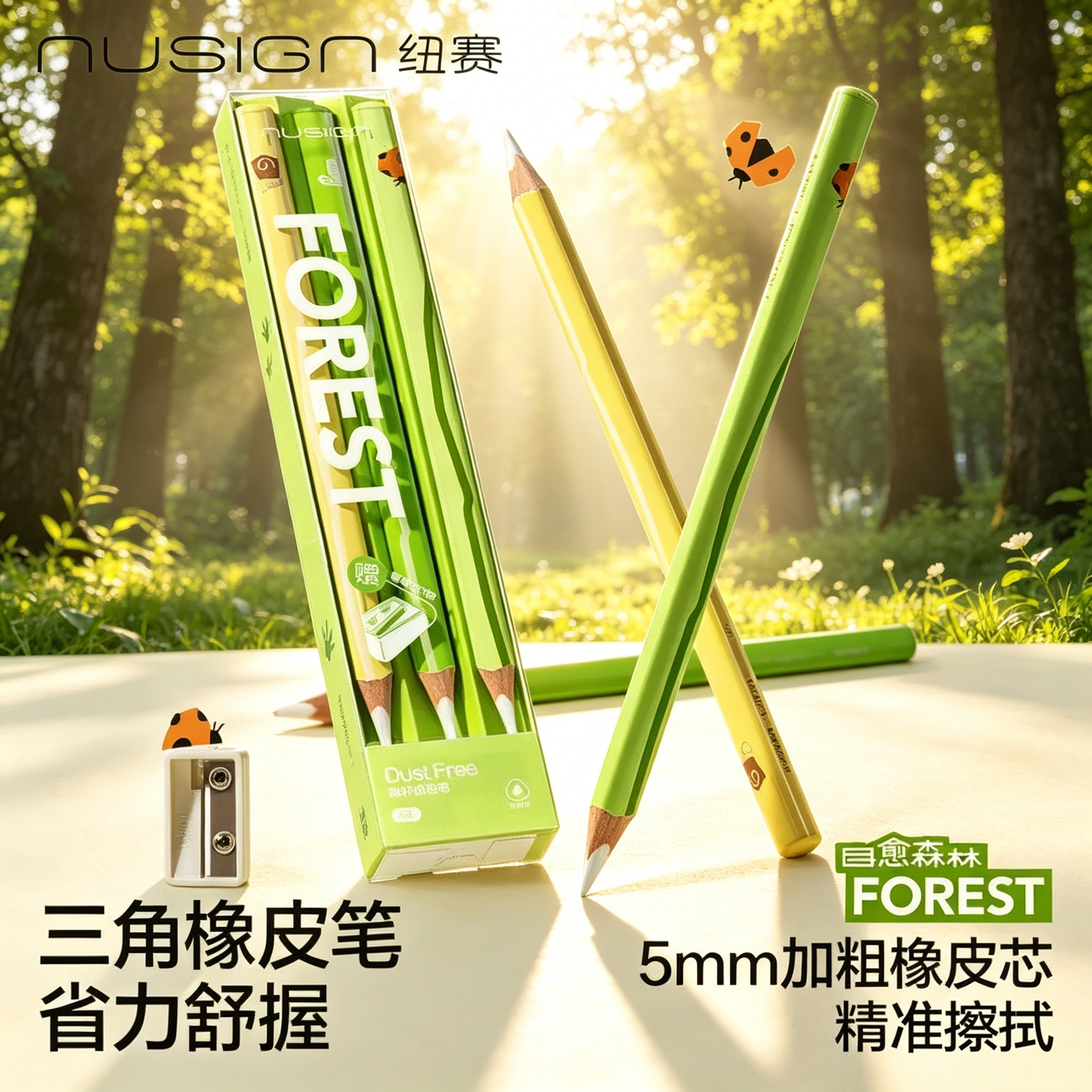 得力纽赛森林系列加粗橡皮笔无屑超干净可擦橡皮铅笔擦字成线学生儿童防丢橡皮擦橡皮素描美术生专用笔型象皮