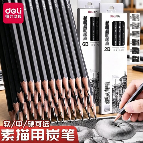 得力素描铅笔绘画美术生用炭笔初学者速写素描笔素描工具套装14b6b8b铅笔素描碳笔软中硬绘图画画套装