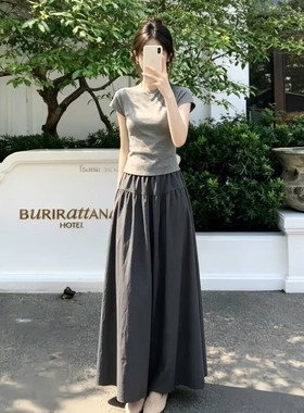 巨好看灰色短袖T恤半身洋装子女夏季2026新款韩系穿搭套装长裙