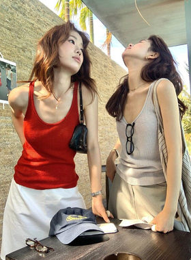 巨好看红色冰丝针织吊带背心女夏季海边遮副乳外穿内搭短款小上衣