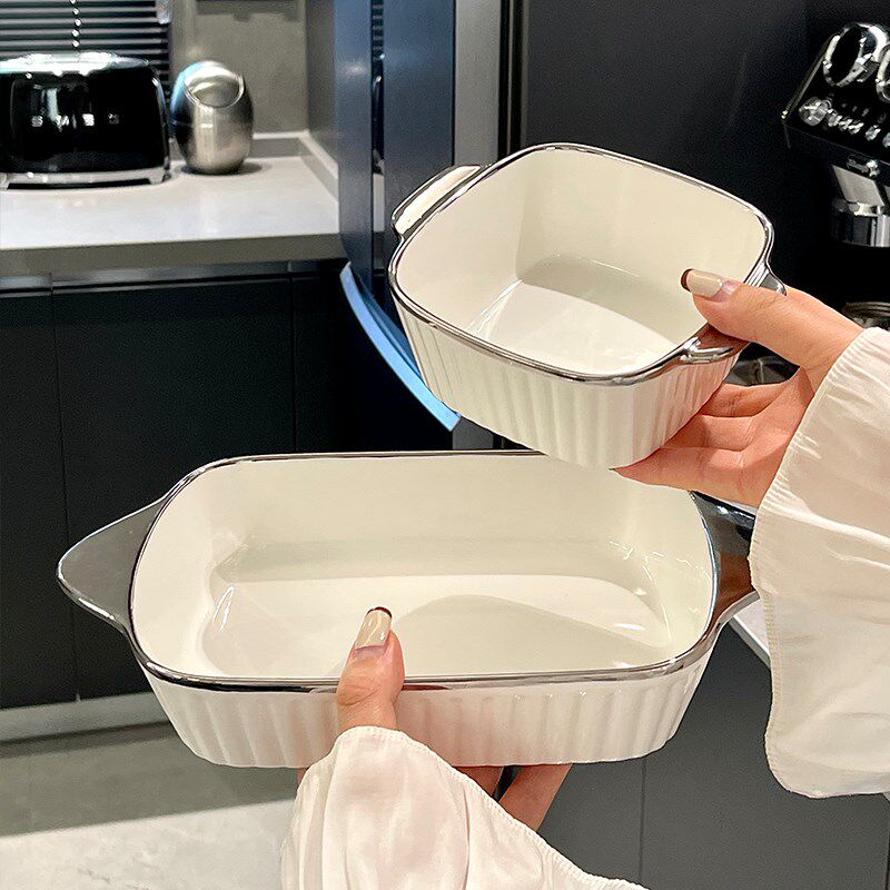 创意双耳竖纹烤盘陶瓷烤箱面包烤盘焗饭碗耐高温蒸蛋碗水果甜品碗