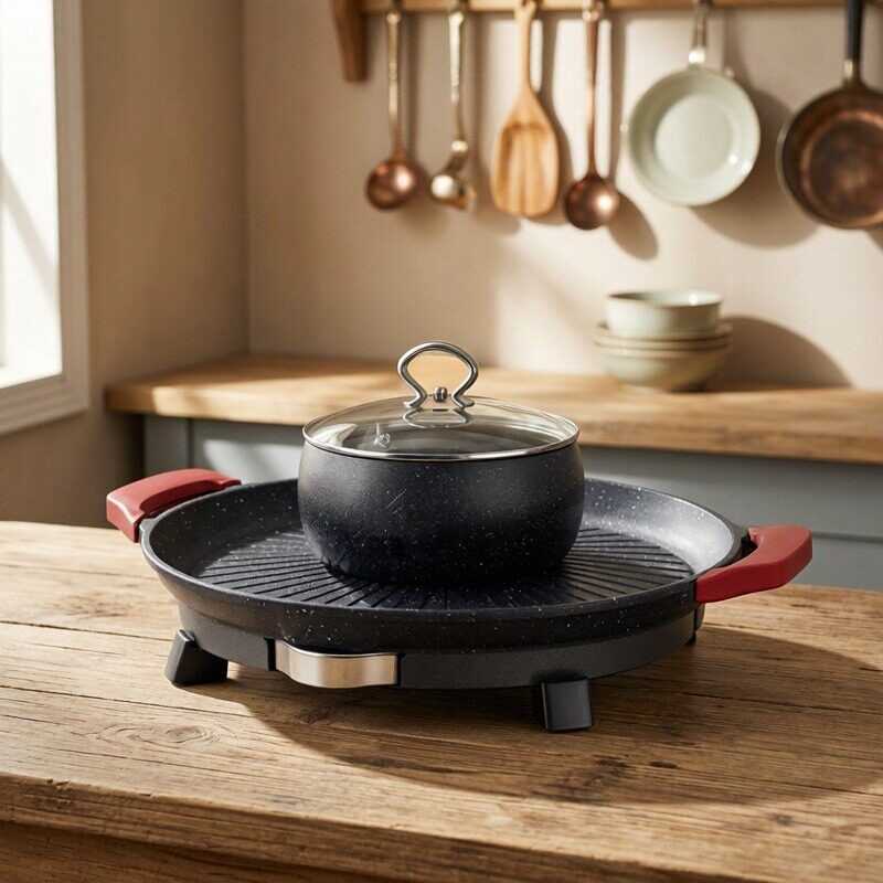 圆形麦饭石电烤盘家用少烟电烧烤炉烤肉锅韩式铁板烧煎包