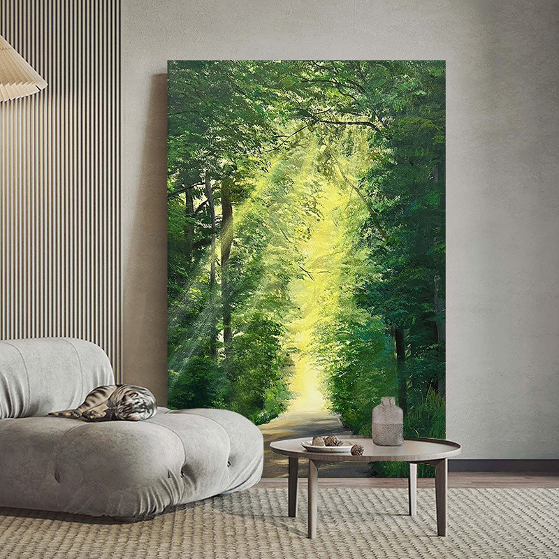手绘绿色森林小路风景挂画丁达尔效应客厅装饰画玄关大芬村油画