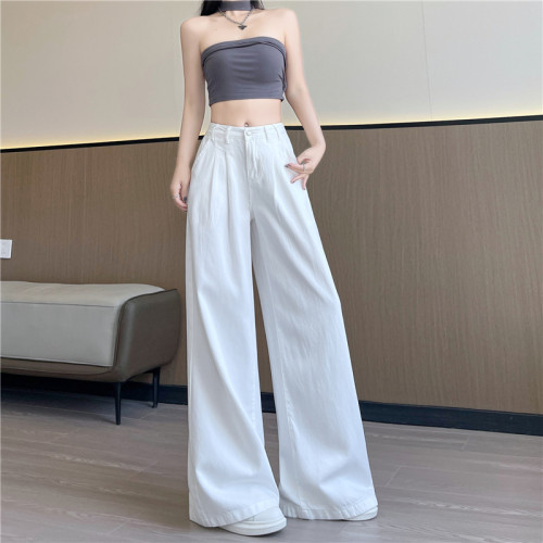 夏季新款白色牛仔裤子女垂感显瘦气质高腰显瘦运动拖地阔腿裤